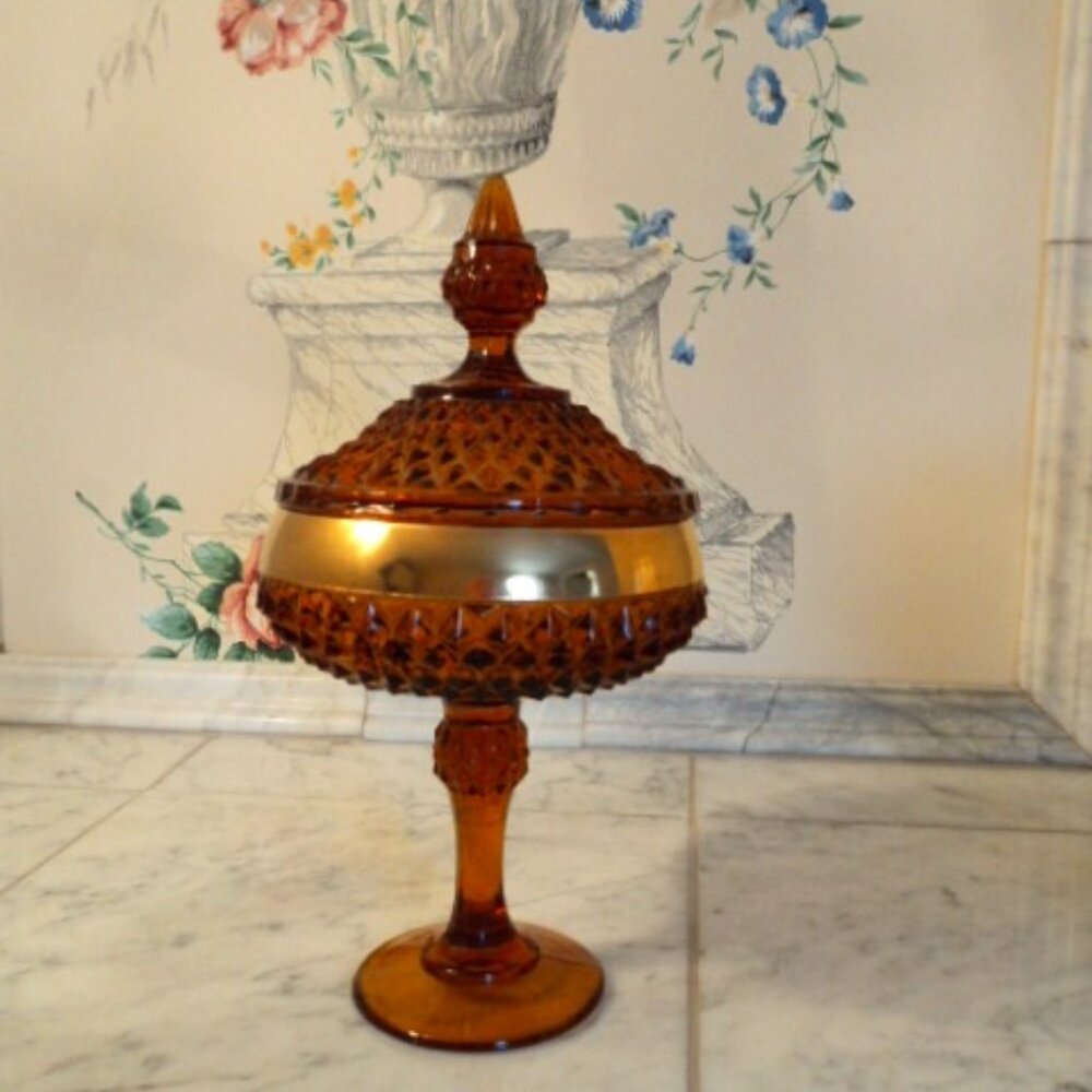 Indiana Glass diamond point amber footed candy jar with lid